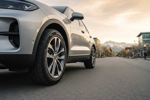 Silver SUV fitted with best all-season tires for Calgary 2026, parked on a city street with the Canadian Rocky Mountains in the background at golden hour