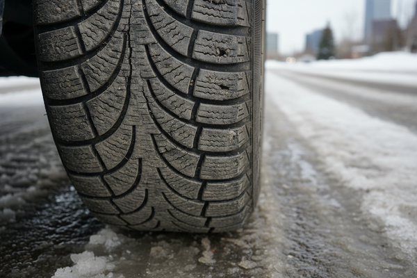 Close-up of a worn winter tire with low tread depth on a snowy Calgary road in spring, showing signs your winter tires are done and need replacing before the seasonal swap