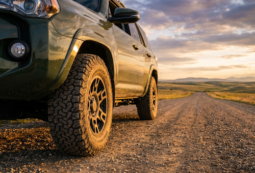 An SUV with all-terrain tires on a gravel road near Calgary