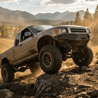 A 4x4 truck with all-terrain tires on a rocky off-road trail in the Alberta foothills