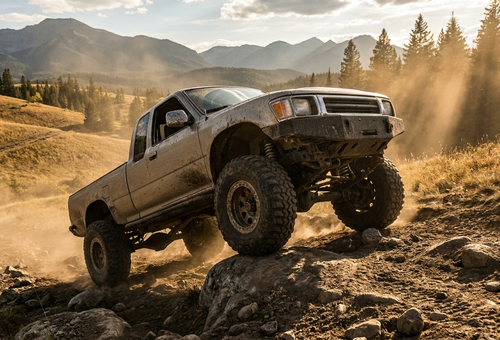 A 4x4 truck with all-terrain tires on a rocky off-road trail in the Alberta foothills