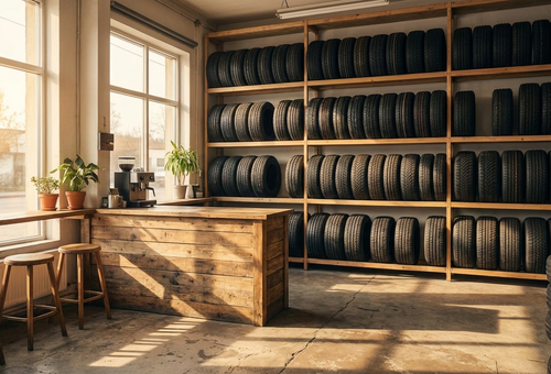 A clean, welcoming tire shop interior with a service counter and tire display