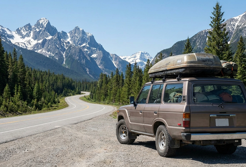 An SUV with a rooftop cargo box parked at a mountain highway pullout in the Canadian Rockies