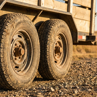 Close-up of a tandem-axle utility trailer's tires on a gravel lot in rural Alberta